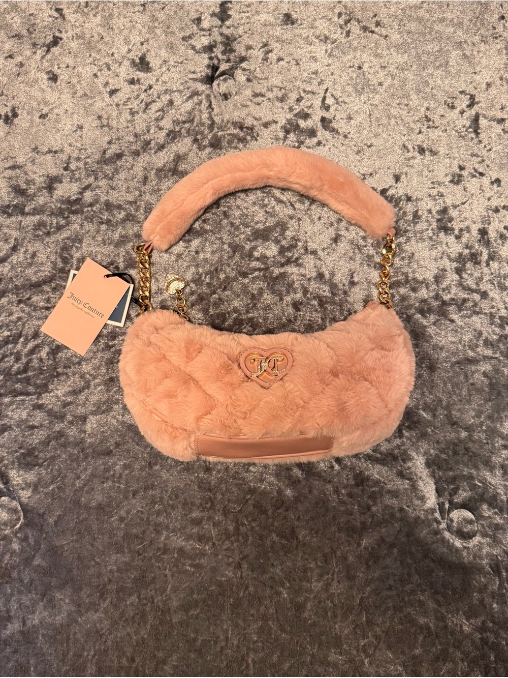 Juicy Couture Peachy Pink Faux Fur Shoulder Bag with Gold Chain